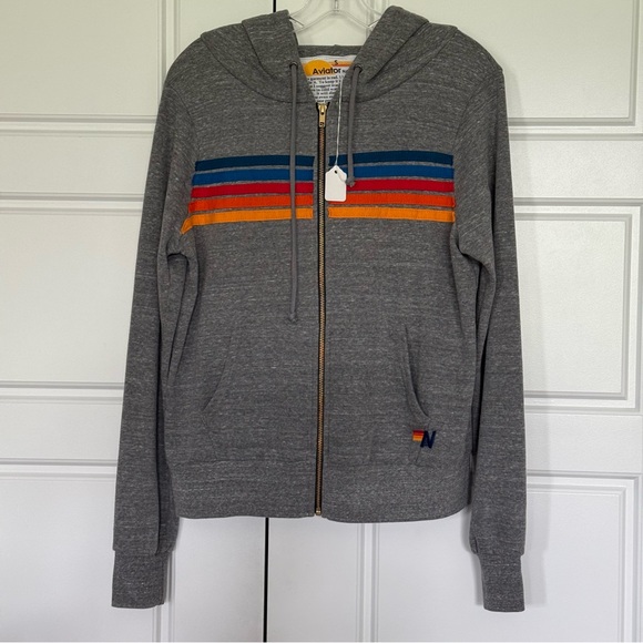 NWT aviator nation 5 stripe hoodie in heather grey - Picture 7 of 8
